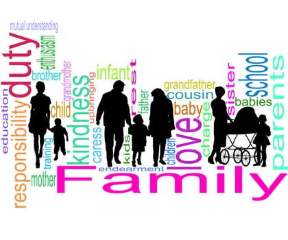 Silhouettes of children and parents on a white background