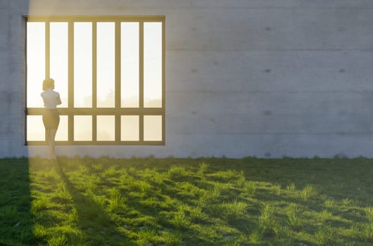 3D Illustration of Woman Standing At Window with Bright Sun Light Shining Through Concrete Wall in Grass and Rocks Field.