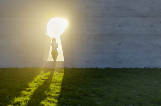 3D Illustration of Woman Standing At Bright Sun Light Shining Through Keyhole In Concrete Wall in Grass and Rocks Field.