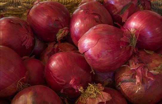 red onions market display organic agriculture aromatic food ingredient
