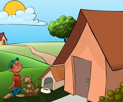 boy with a dog in front its house near to the house of boy