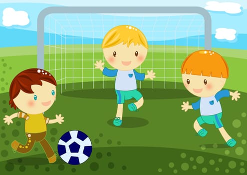 Illustration about 3 cute little boys playing soccer on the grass