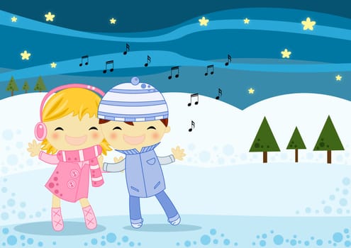 Illustrated Christmas card with 2 cute little kids a boy and a girl singing a Christmas carol on a cold winter night
