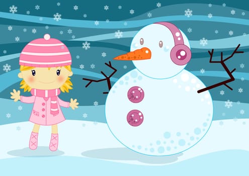 Illustrated Christmas card with a cute smiling girl in a pink coat with a funny snowman under a starry blue sky