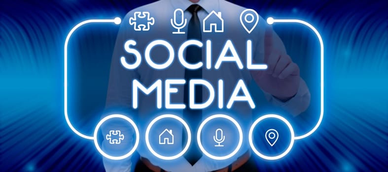Text caption presenting Social Media, Internet Concept Online communication channel Networking Microblogging