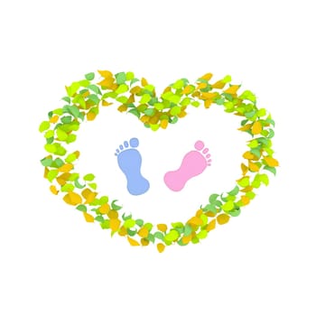 Boy or Girl concept made of spring leaves Heart with children footprints in the center    over white background. High quality render.