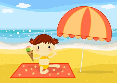 Digital illustartion about a cute smiling little gil sunbathing on the beach