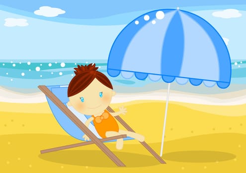 Digital illustartion about a cute smiling little gil sunbathing on the beach