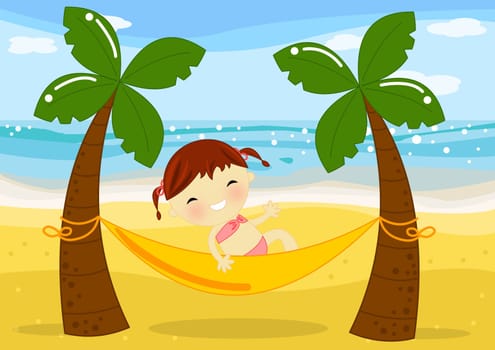 Digital ilustration of a cute smiling girl laying on an hammock between two palm at seaside
