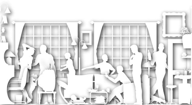 Illustrated cutouts of a family gathering in a living room with drop shadows