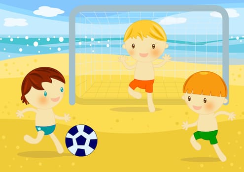 Summer time digital illustration with children having fun at seaside