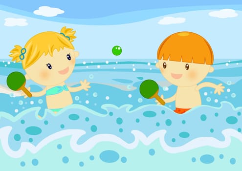 Summer time digital illustration with children having fun at seaside