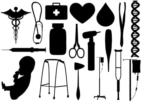 Isolated silhouettes of Medical related objects and a human foetus