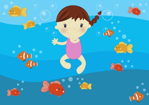 Summer time digital illustration with children having fun at seaside