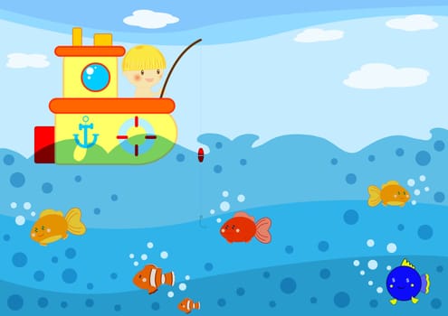 Summer time digital illustration with children having fun at seaside