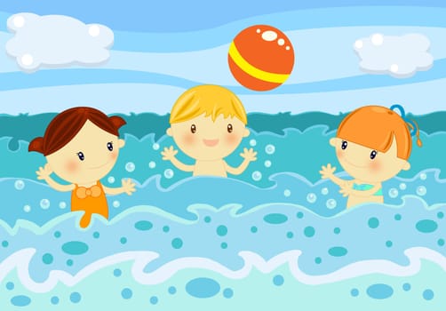 Summer time digital illustration with children having fun at seaside