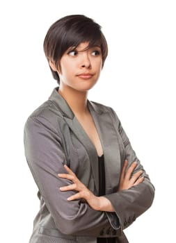 Pretty Biracial Girl Looking To The Side Isolated Against White Background.