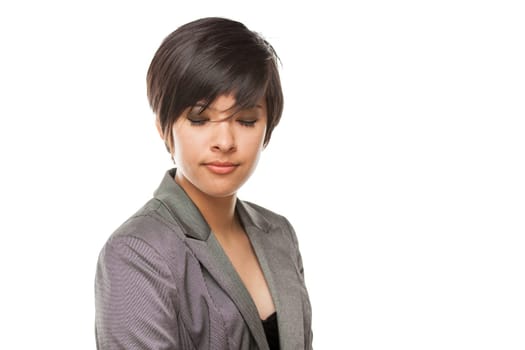Pretty Biracial Girl With Eyes Closed Isolated Against White Background.