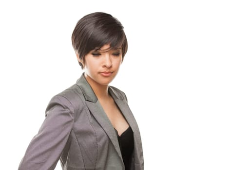 Pretty Biracial Girl With Eyes Closed Isolated Against White Background.