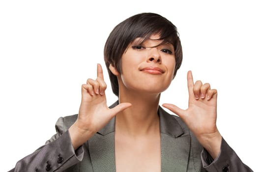 Pretty Biracial Girl Framing Her Face with Her Hands Isolated Against White Background.