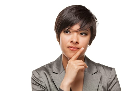 Pretty Biracial Girl Looking To The Side Isolated Against White Background.