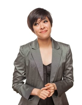 Pretty Biracial Girl Looking To The Side Isolated Against White Background.