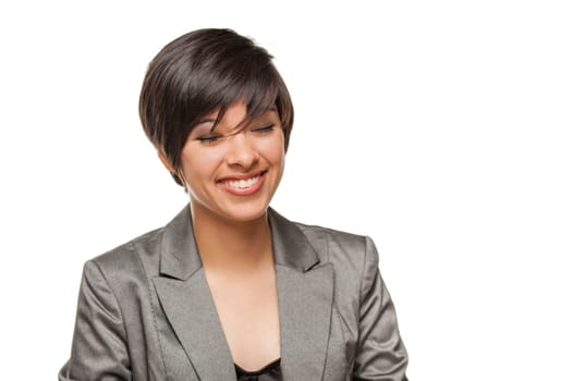 Pretty Biracial Girl With Eyes Closed Isolated Against White Background.