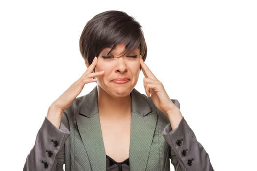 Grimacing Biracial Girl Holding Her Head with Her Hands Isolated Against White Background.