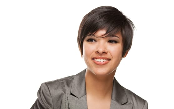 Pretty Biracial Girl Looking To The Side Isolated Against White Background.