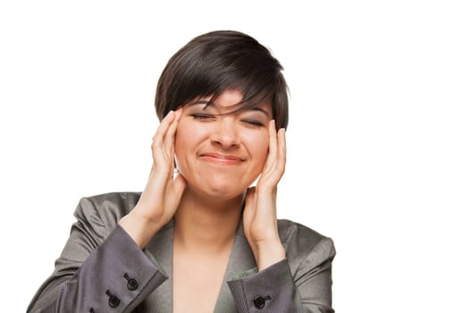 Grimacing Biracial Girl Holding Her Head with Her Hands Isolated Against White Background.