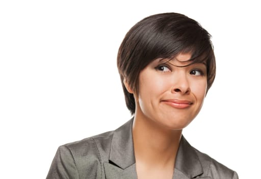 Pretty Biracial Girl Looking To The Side Isolated Against White Background.