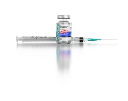 Coronavirus COVID-19 Vaccine Booster Vial and Syringe On Reflective White Background.