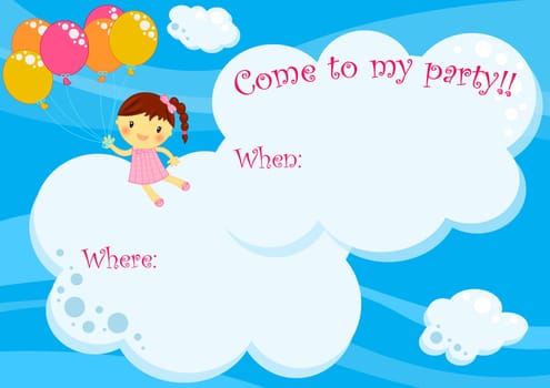 Illustration about a cute little happy girl flying with coloured balloons among the clouds up in the blue sky