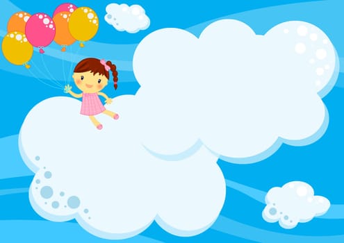 Illustration about a cute little happy girl flying with coloured balloons among the clouds up in the blue sky