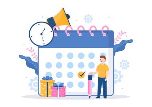 Event Planner Template Hand Drawn Cartoon Flat Illustration with Planning Schedule, Time Management, Business Agenda and Calendar Concept