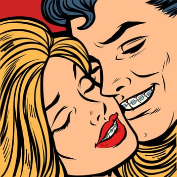 Man and woman in braces on teeth. Medicine and dentistry. Comic cartoon pop art retro vector vintage illustration