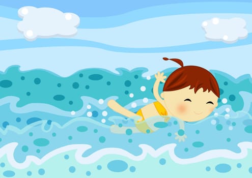 Digital ilustration of a cute smiling girl swimming in the ocean waves