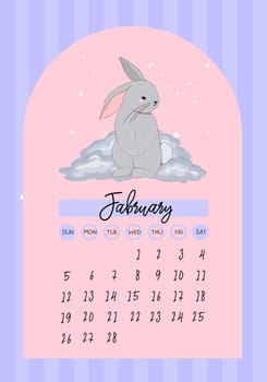 February 2023 calendar. Year of the rabbit. The symbol of the year. VNRTICAL CALENDAR WITH A BUNNY.
