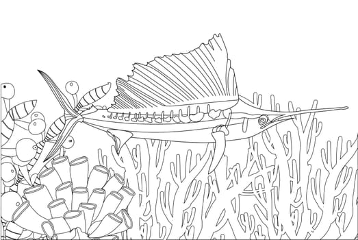 Fish exotic coloring. Antistress coloring page. Sea creatures. Ocean fish. Vector illustration.
