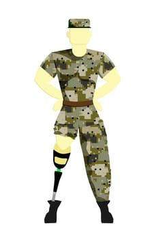 soldier on a prosthesis in military uniform. Disabled person with a prosthesis. Prosthetics. Vector illustration of a serviceman