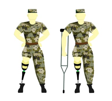 soldier on a prosthesis in military uniform. Disabled person with a prosthesis. Prosthetics. Vector illustration of a serviceman