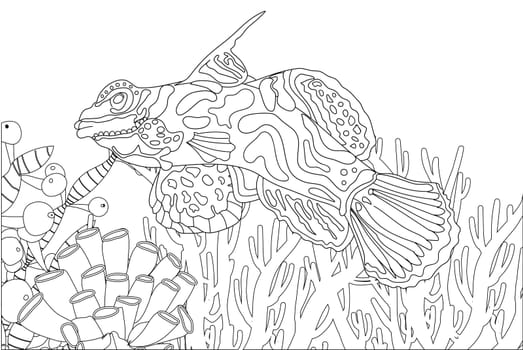 Fish exotic coloring. Antistress coloring page. Sea creatures. Ocean fish. Vector illustration.