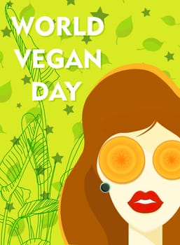 Modern trendy banner on the theme of vegetarianism. World Vegan Day. HEALTHY FOOD. Woman with a carrot.