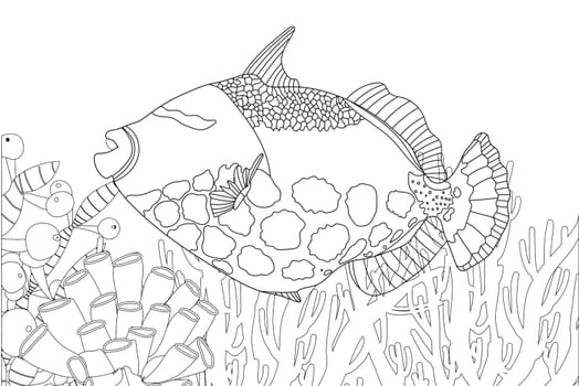 Fish exotic coloring. Antistress coloring page. Sea creatures. Ocean fish. Vector illustration.