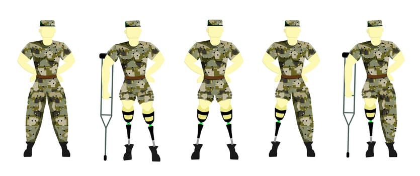 soldier on a prosthesis in military uniform. Disabled person with a prosthesis. Prosthetics. Vector illustration of a serviceman
