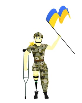 Ukrainian soldier with a yellow-blue flag. A soldier with a prosthetic leg. War in Ukraine.