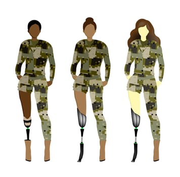 soldier on a prosthesis in military uniform. Disabled person with a prosthesis. Prosthetics. Vector illustration of a serviceman