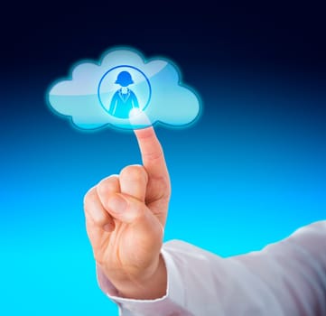 Close up of a male index finger contacting a female white collar worker in the cloud by touch. Conceptual for cloud computing, human resources and gender dimension at workplace. Blue background.