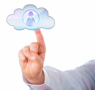 Index finger of a white collar worker connects with a business woman symbol in the cloud via touch. Peer-to-peer networking via smart computing application. Close up. Cutout isolated on white.