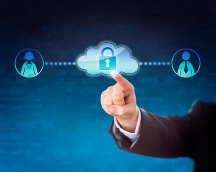Arm in business suit reaching to touch a locked cloud icon linked to two office worker symbols, one female, one male. Metaphor for mobile technology, privacy, human resources and gender. Blue ground.